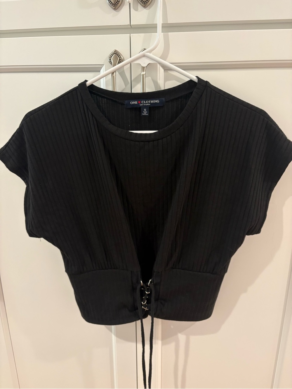 ONE Clothing Black Ribbed Lace-Up Short Sleeve Crop Top